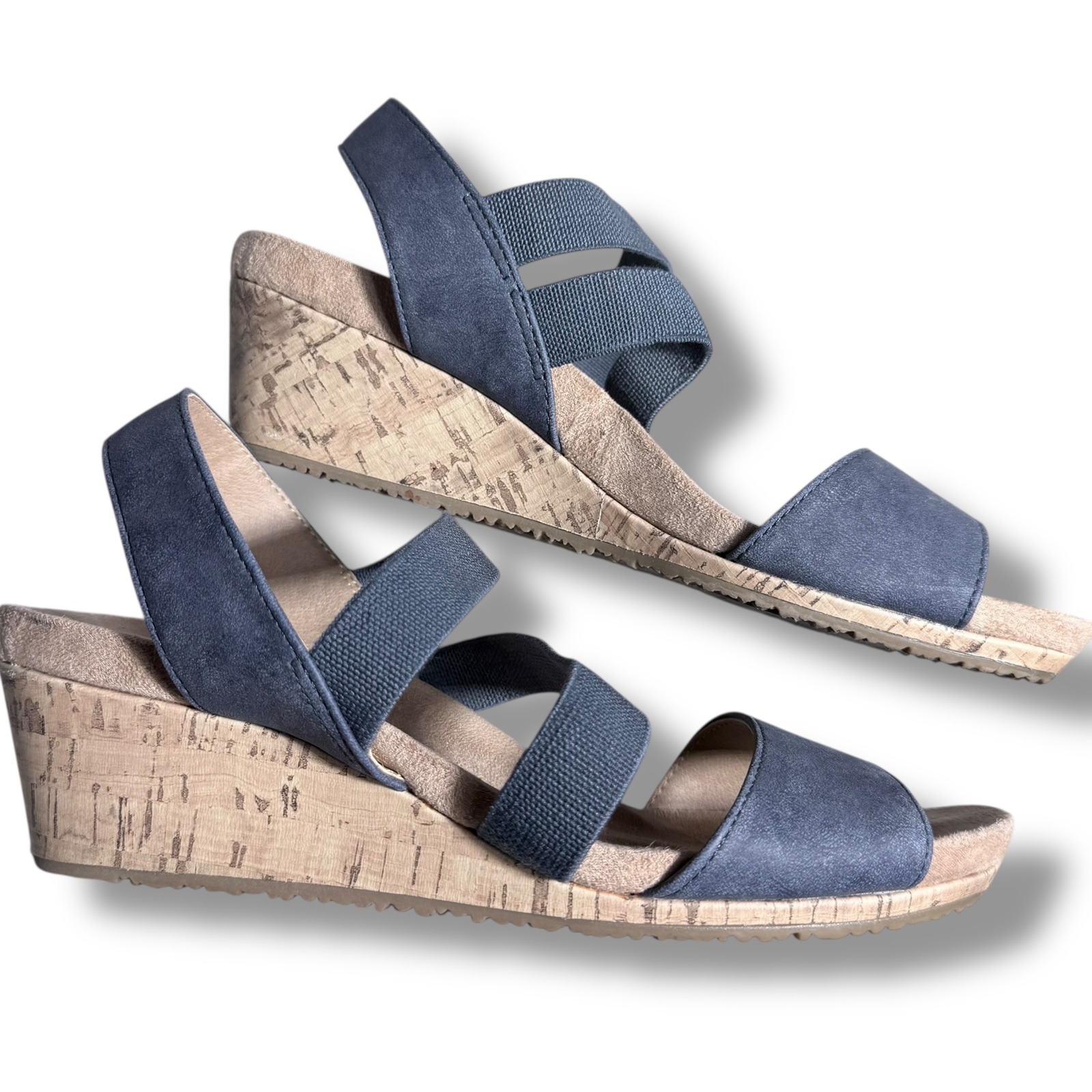 Lifestride Marina Wedge Sandals Blue Fabric Elastic Comfort Size 7.5m